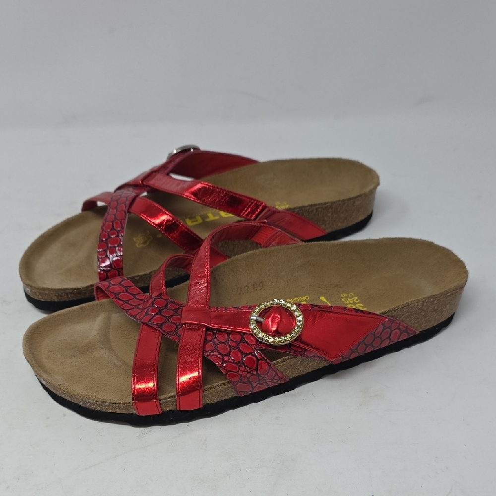 Birkenstock Tatami  omfort Fit Red Metallic Slide Sandals for Women Size 38